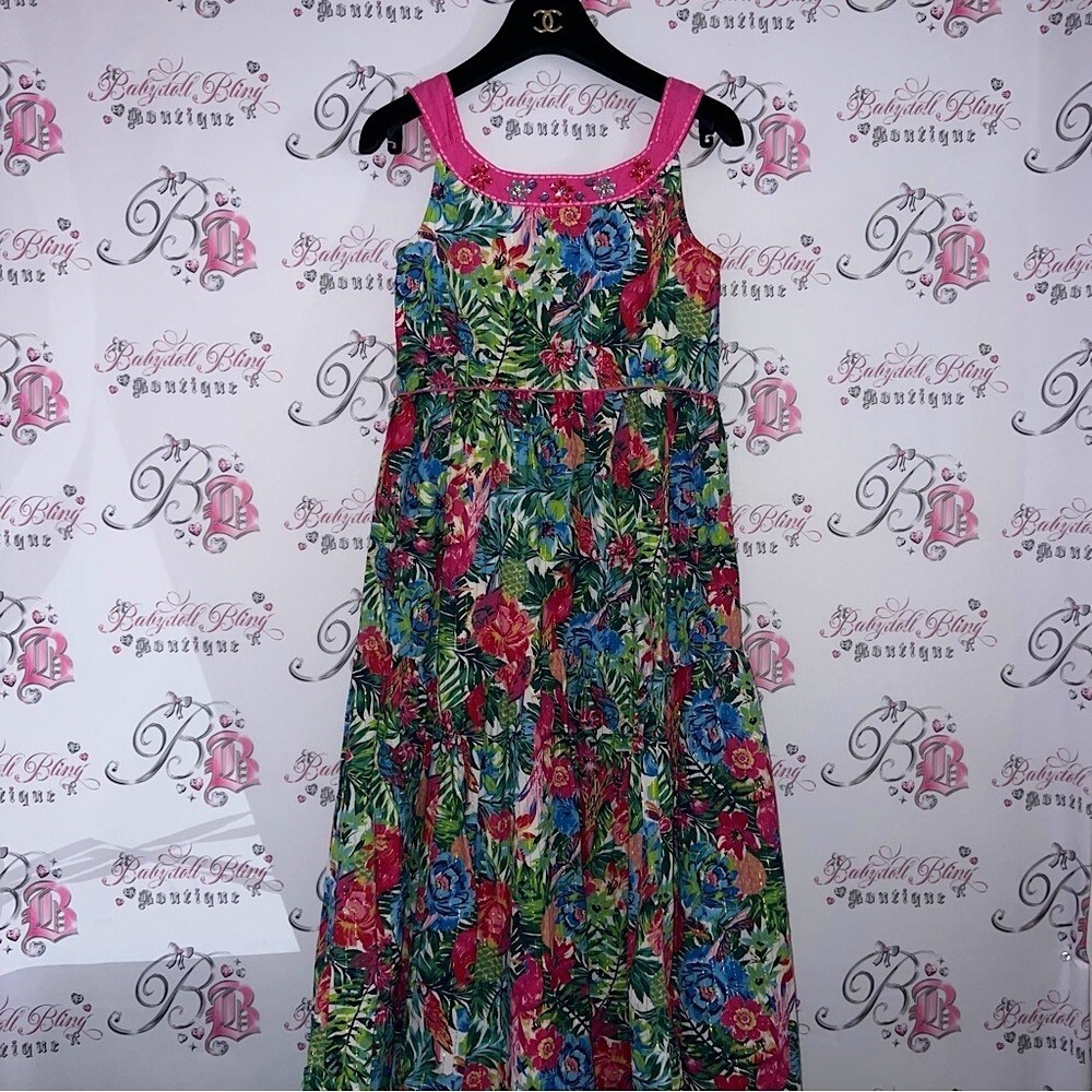 Monsoon dress tropical floral vacation gold sparkly thread jewels rhinestones